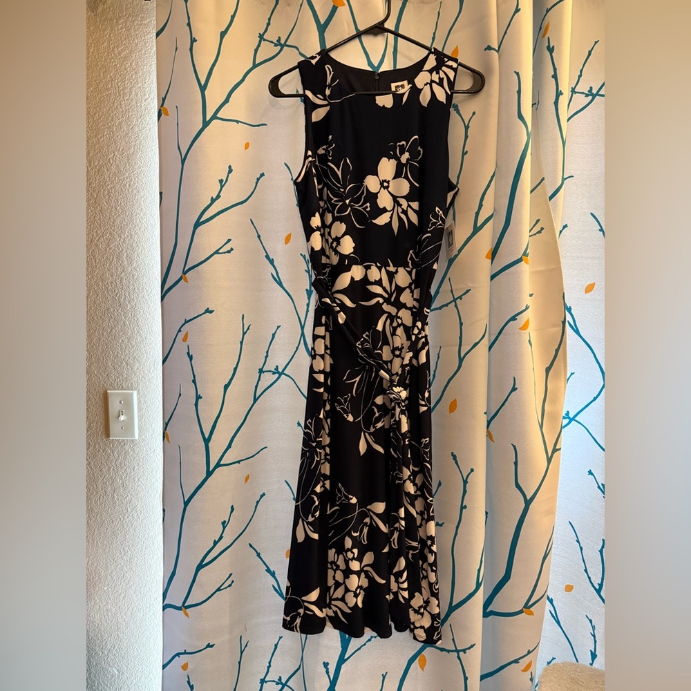 NWT‎ Anne Klein Boat-Neck Tie-Waist Midi Dress, Navy and White Floral Size 6